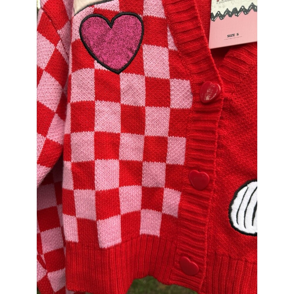 Peanuts Snoopy Heart Check Knit Cardigan Sweater Acrylic V-Neck S NWT - Picture 5 of 9